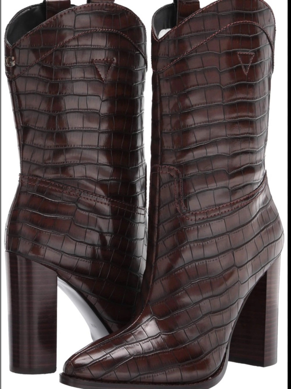GUESS Brown Croc-Embossed Pointed-Toe Block Heel Boot - Picture 2 of 5